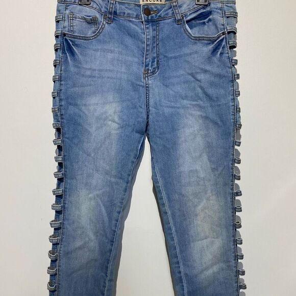 Encore Women's Blue Side Cut Out Faded Cotton Blend Skinny Jeans Size 15 - Picture 1 of 9